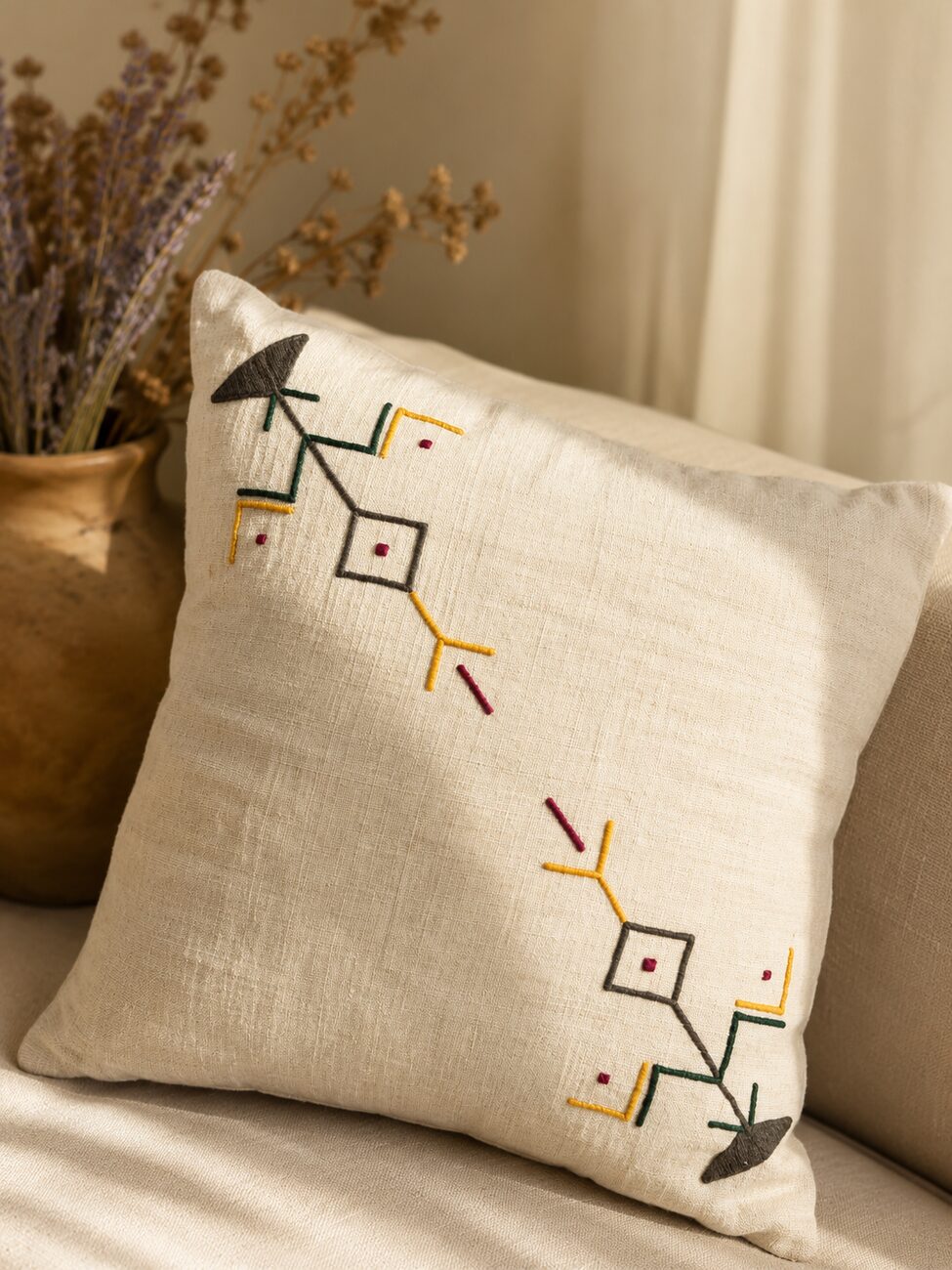 Hand-embroidered Mazanka linen cushion
